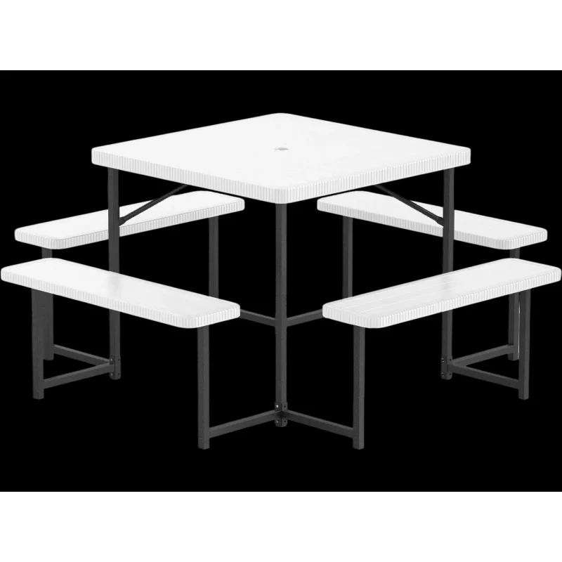 Costway Outdoor Square Picnic Table Bench Set w/ Umbrella Hole for 4-8 People 652137498 New White