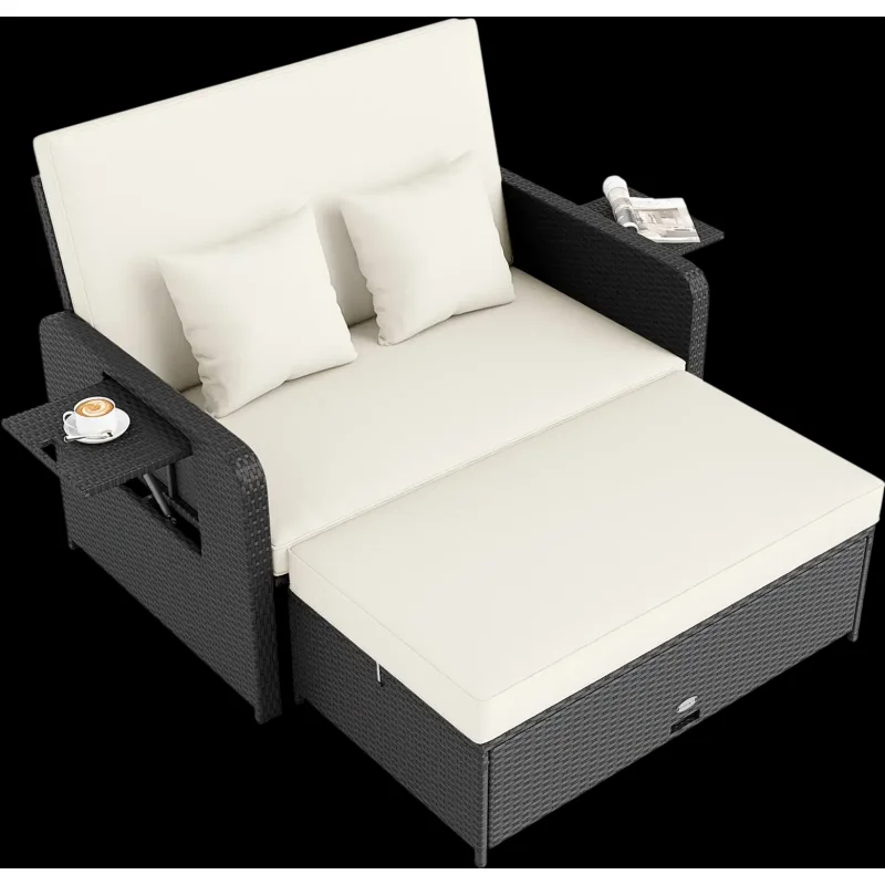 Costway PE Wicker Outdoor Daybed Adjustable Backrest Storage Ottoman 35906587 New White