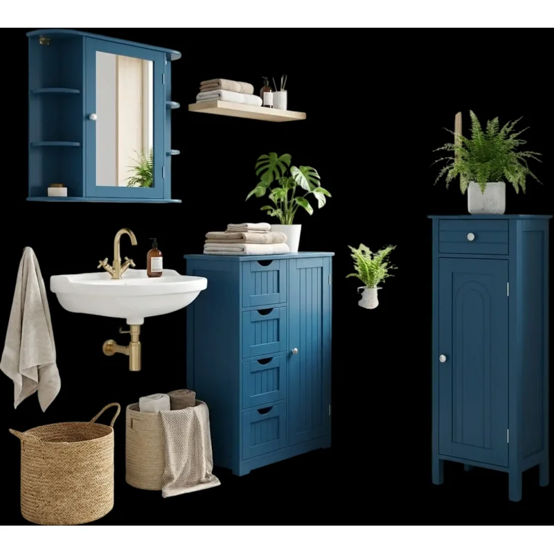 Costway Prussian Blue Bathroom Storage Cabinets 3-Pc Collection 37365712 New