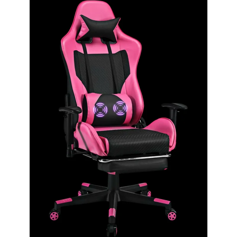 Costway PU Leather Gaming Chair USB Massage Lumbar Pillow Footrest 74285631 New Pink