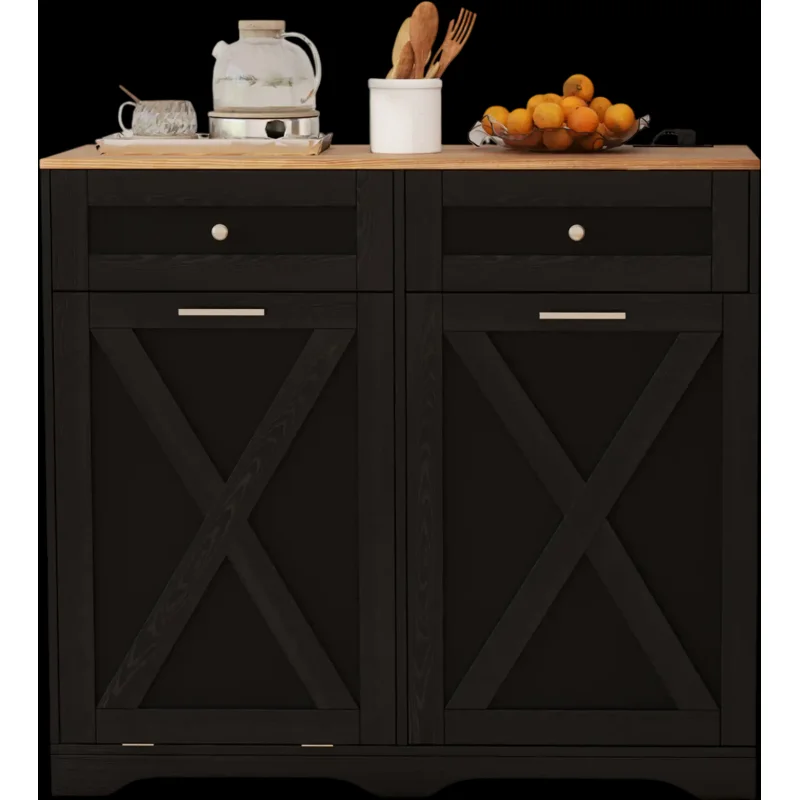 Costway Tilt-Out Trash Can Cabinet with Outlets Adjustable Shelf Black 564312978 New Black