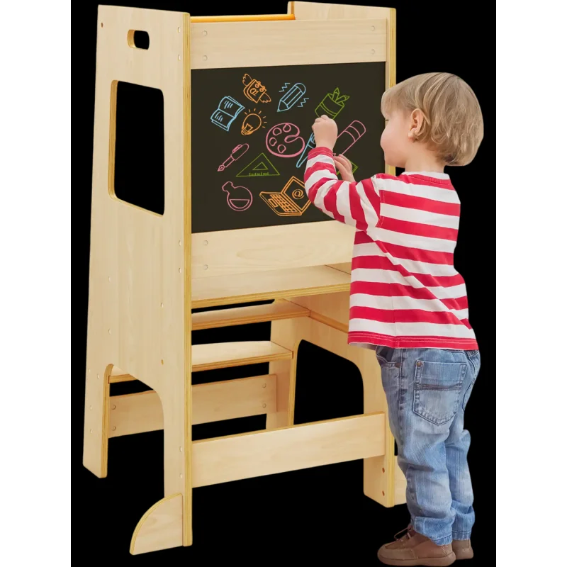 Costway Toddler Kitchen Step Stool Adjustable Height Activity Chalkboard Natural 97536412 New Natural