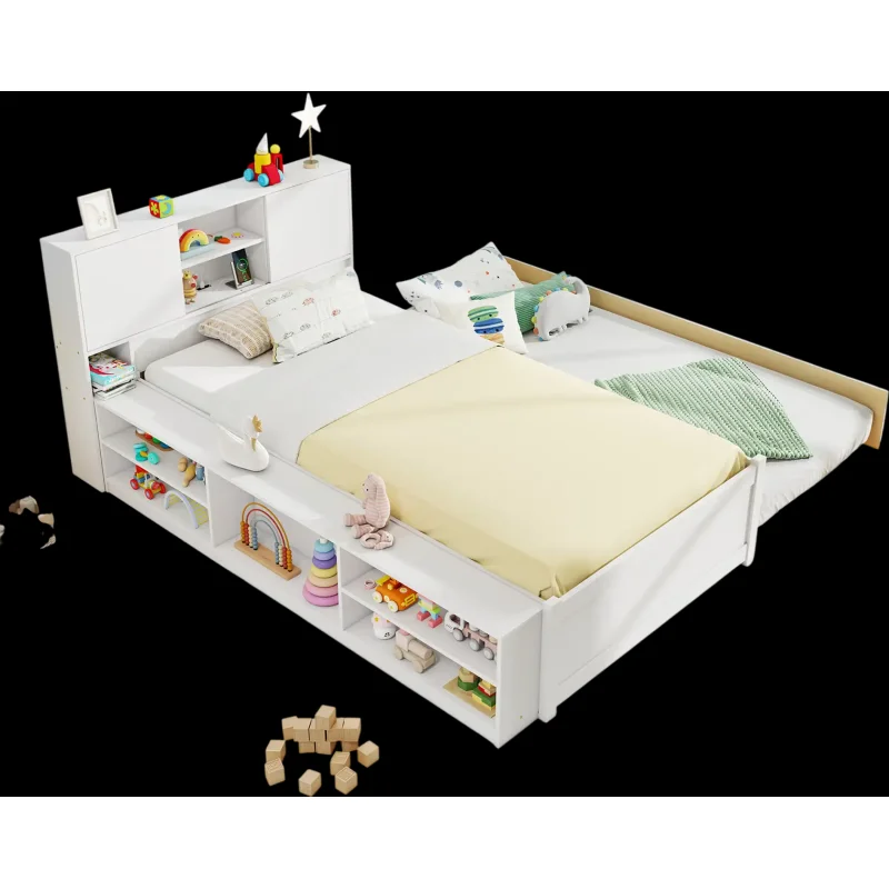 Costway Twin Bed Frame with Trundle Power Outlets White 863754192 New