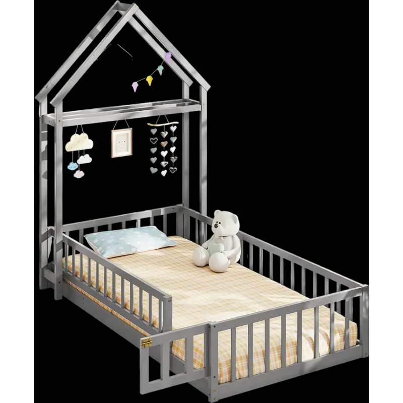 Costway Twin House Floor Bed Frame House-Shaped Headboard Gray 654723981 New Gray