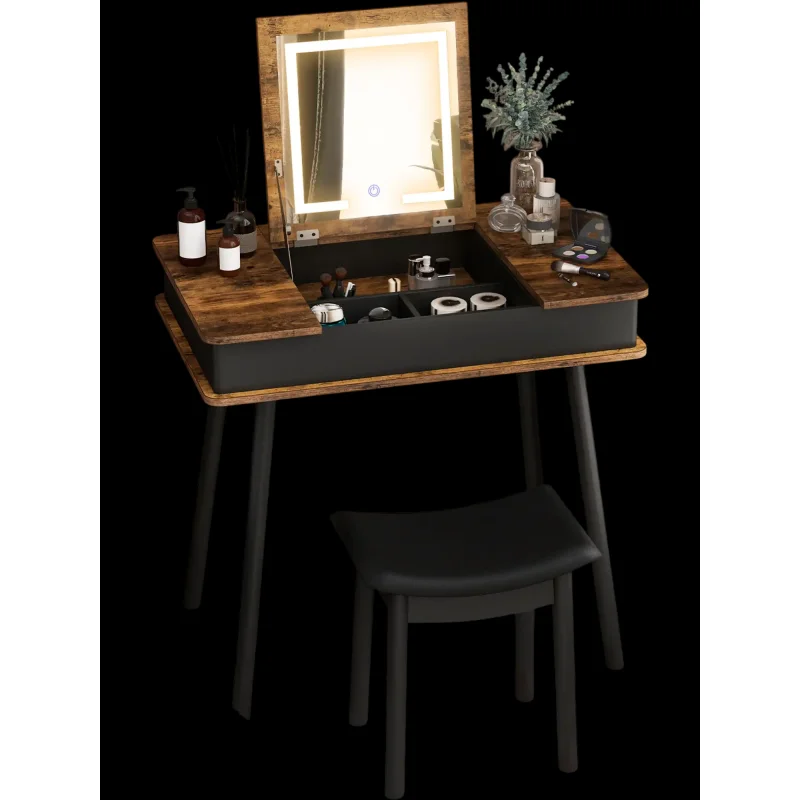 Costway Vanity Table Set Flip Top Mirror Lights USB Desk Stool Brown 71908536 New
