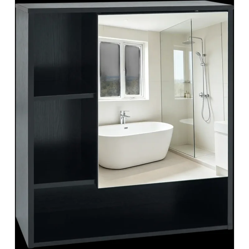 Costway Wall-Mounted Mirror Bathroom Cabinet w/ Hidden Shelves Open Compartments 90532609 New Black
