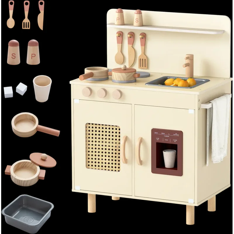 Costway Wooden Pretend Play Kitchen Set Realistic Ice Maker 54229670 New Yellow