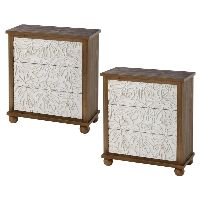 COZAYH Rustic Farmhouse Dresser with Carved Leaves Pattern & 3 Drawers, Set of 2