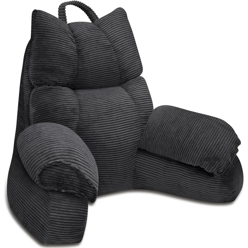 Cozy Reading Pillow with High Arm Rests & Supportive Memory Foam | Perfect Back Support for Relaxing, Reading & Gaming in Bed Grey Black