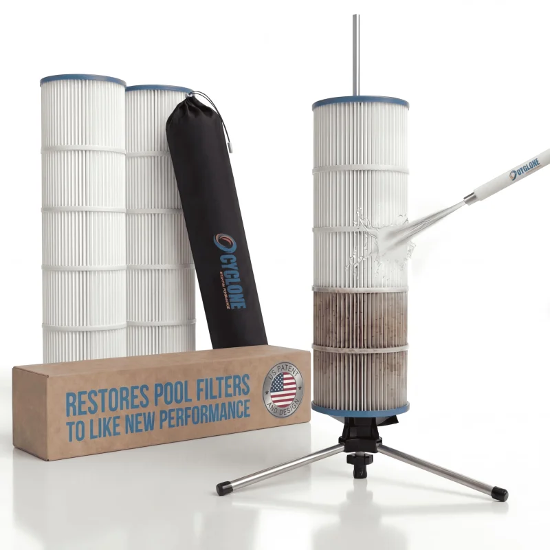 Cyclone Filter CleanerPatented Hose-Powered Spinning Pool Cartridge Filter Cleaning Tool with Stand & Spray WandCleans 5X FasterFits 3, 4, 6 ID Filters