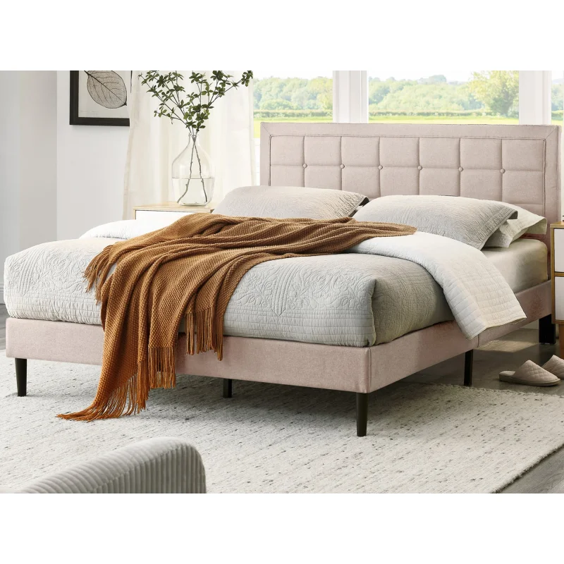 DeCoro Mornington Upholstered 2.0 Platform Bed w/ Metal Frame, Linen, Queen