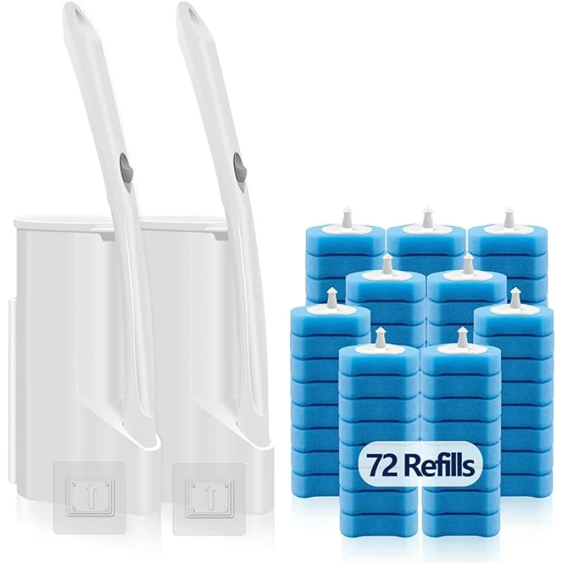 Disposable Toilet Bowl Brush and Holder, Toilet Cleaning System-2 Toilet Bowl Wand, 2 Storage Caddy&72 Toilet Brush Refills for Effective Deep Scrub Toilet, Wall-Mount Toilet Brush, 2 Pack.