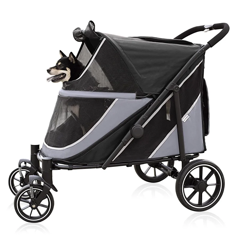 Dog Stroller for Medium/Large Dogs One-Click Folding, Extra Large Pet Stroller for 2 Dogs with Storage Pocket & Shock Absorption, Up to 130 lbs, Grey