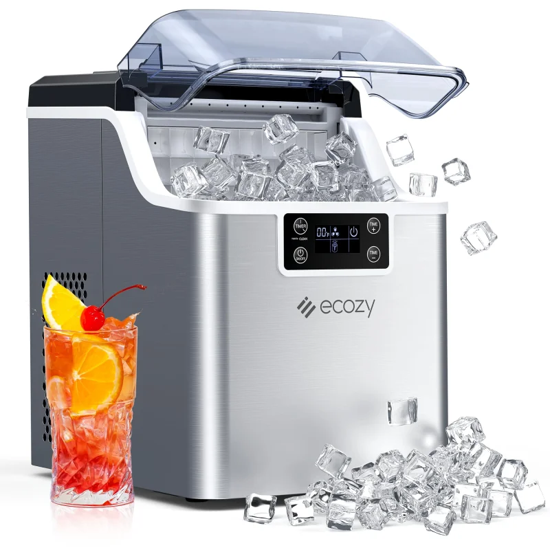 ecozy Ice Cube Makers Countertop, 45 lbs Per Day Portable Ice Machine, 24 Cubes Ready in 13 Mins, Self-Cleaning Function, Perfect for Home Kitchen Bar Office, Stainless Steel