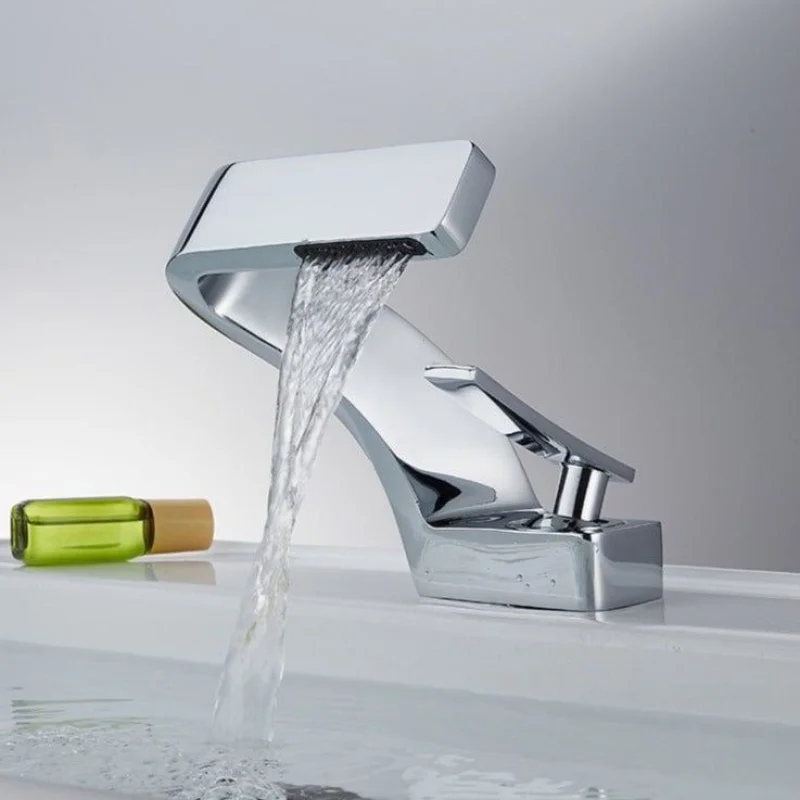 Elegant Curved Kitchen Faucet with Waterfall Spout & Dual Handle Controls | Modern Design for Effortless Flow in Kitchen and Bathroom Chrome