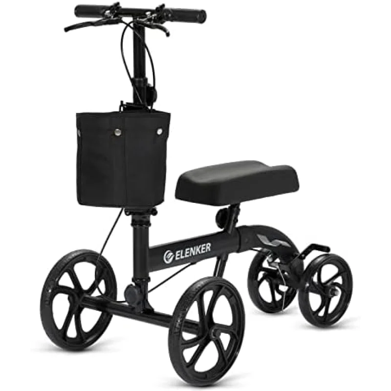 ELENKER Best Value Knee Walker with 10" Front Wheels Steerable Medical Scooter Crutch Alternative with Dual Braking System Black