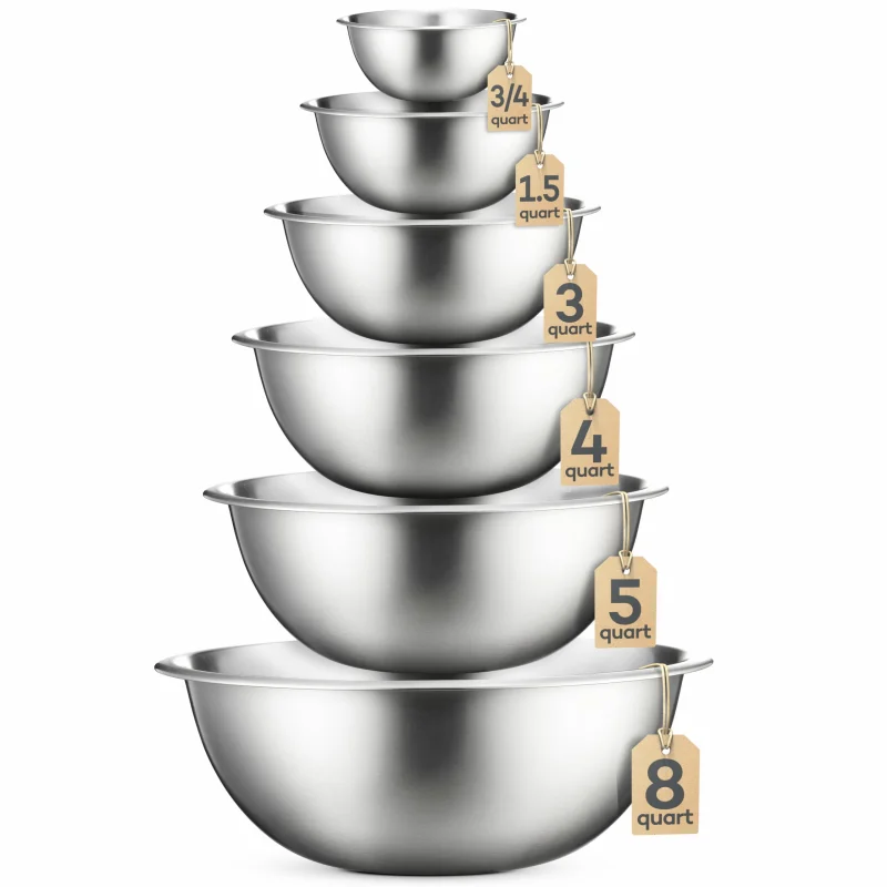 FineDine Stainless Steel Mixing Bowls Set, Dishwasher Safe, Up To 8 Quart Metal Mixing Bowls For Kitchen, Nesting, Large, Small, Big Food Prep, Cooking, Baking