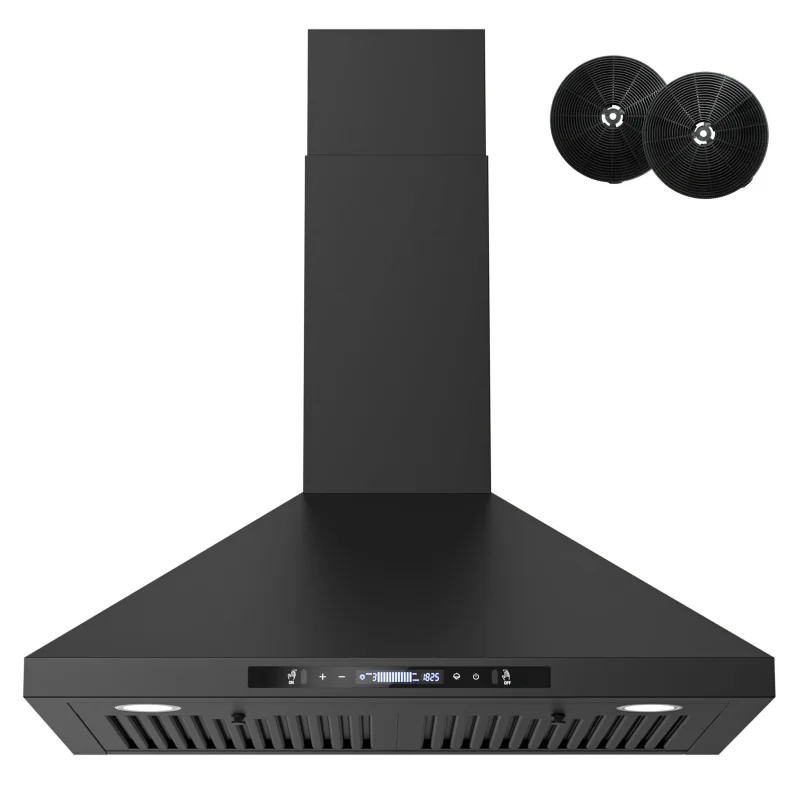 FIREGAS Wall Mount Black Range Hood 30 Inch, 900 CFM Ducted Kitchen Hood 3-Speed Exhaust Fan, Gesture/Touch Control, Timer, 2 Baffle Filters, Stainless Steel Stove Vent Hood