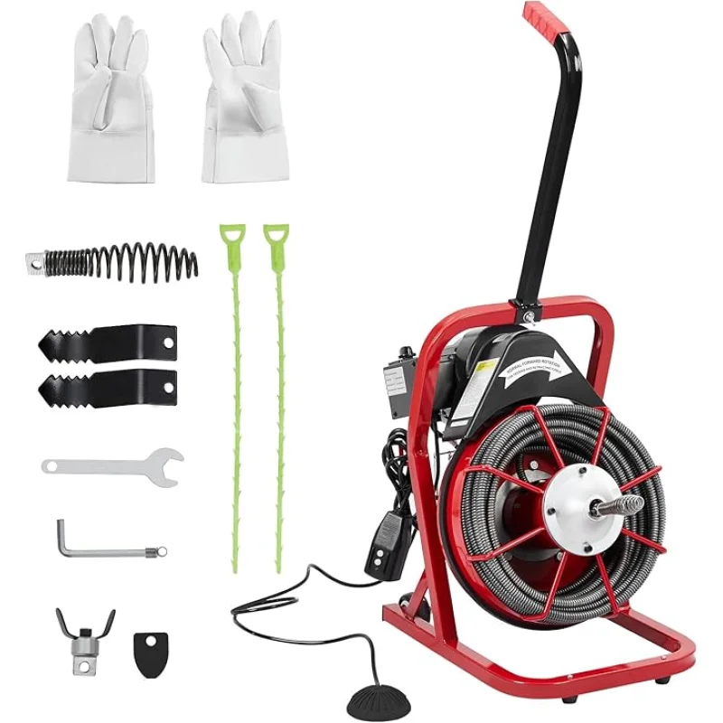 Garvee K-300K 3/8 in 75 ft Red & Black Electric Drain Cleaner Machine - Automatic Auger for 1 to 4 in Pipes, Portable Design, 4 Cutters, Foot Switch Control, and Includes Gloves.