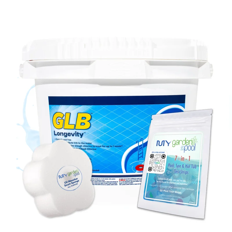 GLB Longevity Cal Hypo Chlorine Tablets 20.2 lbsLong-Lasting Pool SanitizerConsistent ChlorinationIncludes 2 Scum Socks and 7-in-1 Test Strips