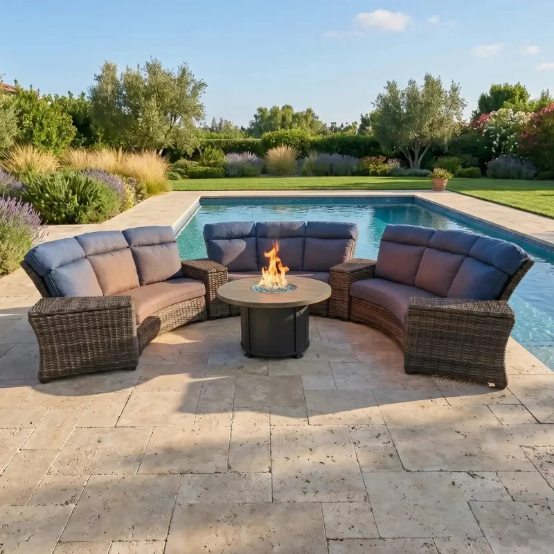 Grey Kampala 8 Piece Curved Sectional Firepit Group - Lifeguard Lapis Indigo