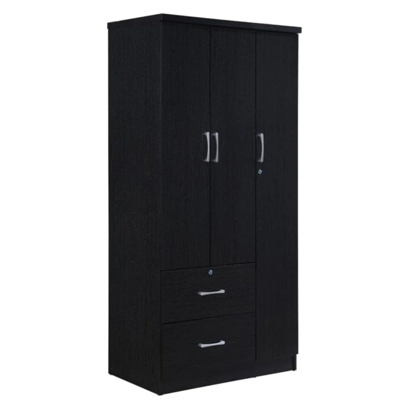 Hodedah 3 Door Armoire with Clothing Rod, Shelves, 2 Drawers, Black (Open Box)