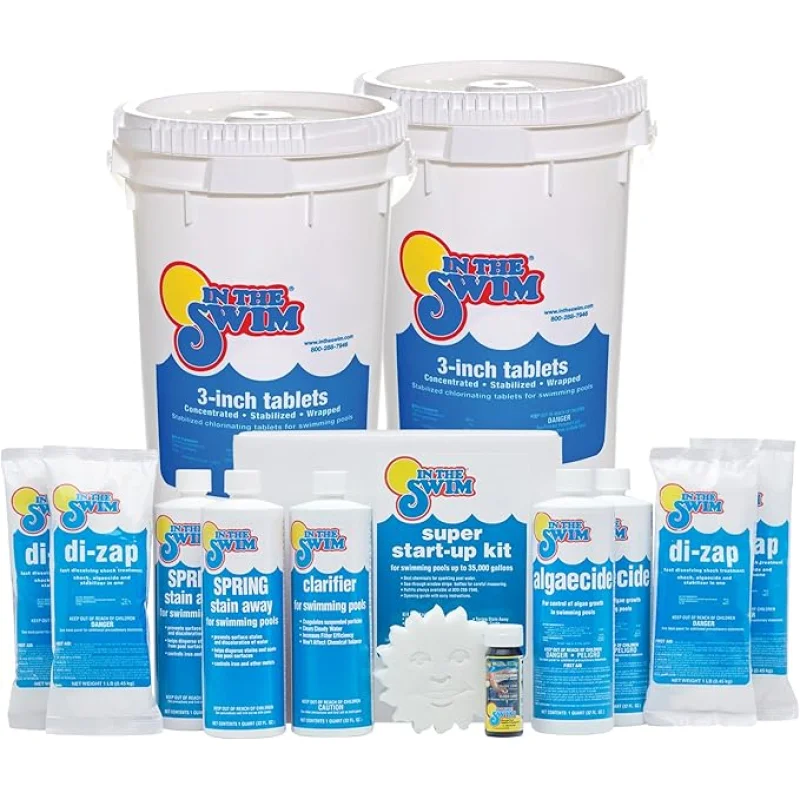 In The Swim Opening Kit and Chlorine Bundle - Pre-Measured Opening Kit for Easy Use - (2) 50 Pound Bucket of 3-Inch Stabilized Chlorine Tablets - for Inground and Above Ground Pools Up to 35,000