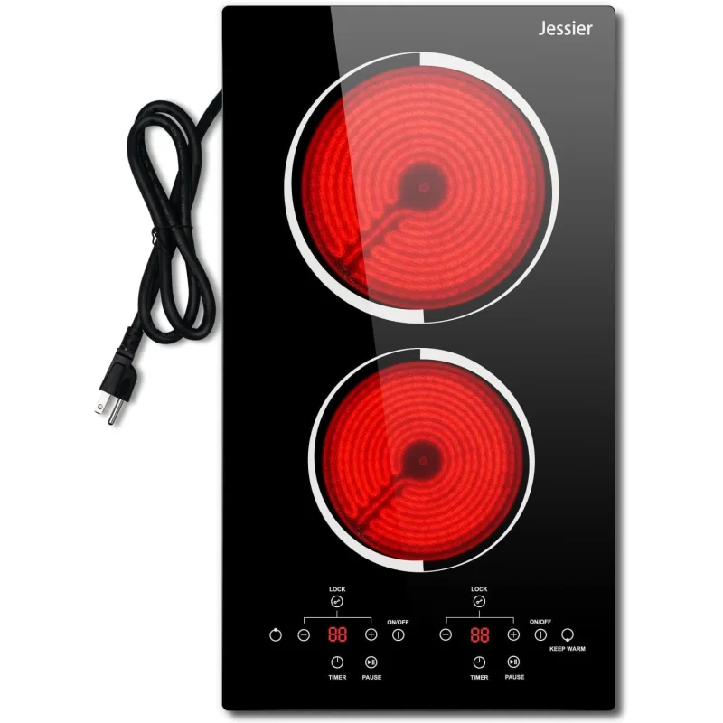 Jessier 2 Burner Electric Cooktop - 12 Inch Countertop & Built-in Electric Stove Top, 120V Plug in Electrical Cook Top, Timer, Safety Lock, Over-Temperature Protection, Sensor Touch Control