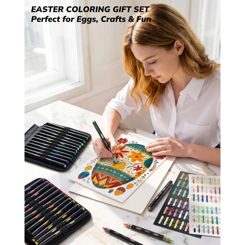 JusArt Acrylic Brush Markers, 96 Colors Brush Tip Acrylic Marker Set, 48 Dual-Tip Water Based No Bleed Markers with Automatic Ink Control for Wood, Rock, Fabric, Canvas, Glass, Eggs & DIY Crafts
