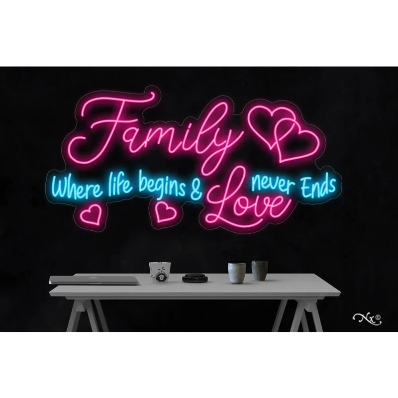 LED Flex Neon Sign - Family Love / Size: 50"W x 25"H x 1"D / 12 Font Color Options: Dark Blue, Gold, Green, Hot Pink, Light Blue, Light Pink, Orange, Purple, Red, Warm White, White and Yellow
