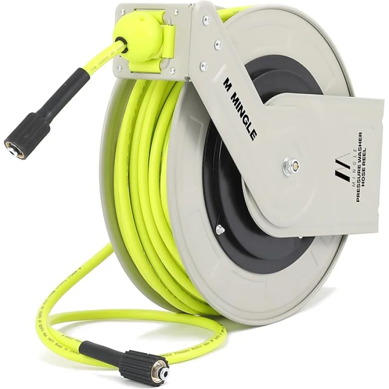 M MINGLE Retractable Pressure Washer Hose Reel, 1/4"100ft Heavy Duty Professional Hose Reel, Auto Rewind Power Washer Hose Reel, Wall/Floor Mounted, 3600 PSI