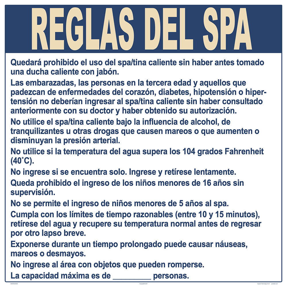 Nebraska Spa Regulations Sign in Spanish - 30 x 30 Inches on Styrene Plastic (Customize or Leave Blank)