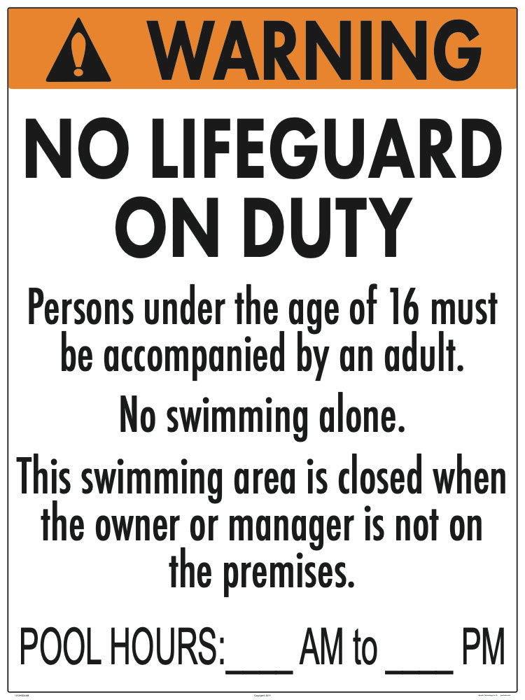 New Jersey No Lifeguard Warning Sign With Pool Hours - 36 x 48 Inches on White Styrene (Customize or Leave Blank)