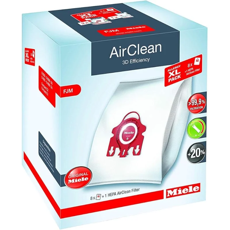 Miele Original Allergy XL Pack AirClean 3D FJM Vacuum Cleaner Bags, 8 x Bags, 1 x HEPA Filter