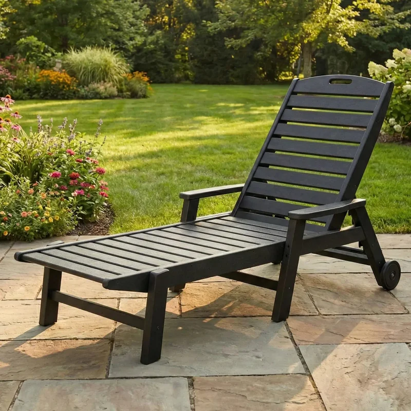 Nautical Chaise Lounge W/ Arms & Wheels Slate Grey
