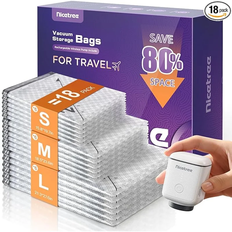 Nicetree 18-Pack Vacuum Seal Bags with Rechargeable Wireless Pump | 3 Sizes (20/24/28 Inch) Travel Vacuum Storage Bags for Clothing, Bedding & Seasonal Storage | Space Saver for Luggage