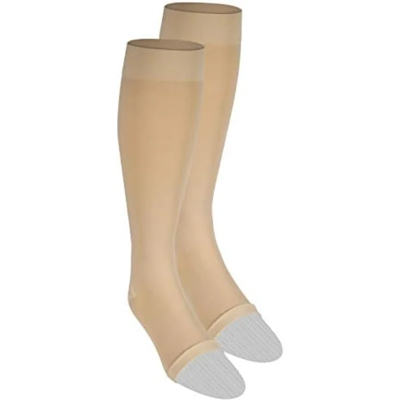 NuVein Medical Compression Stockings, 20-30 mmHg Support for Women & Men, Knee Length, Open Toe, Beige, Large