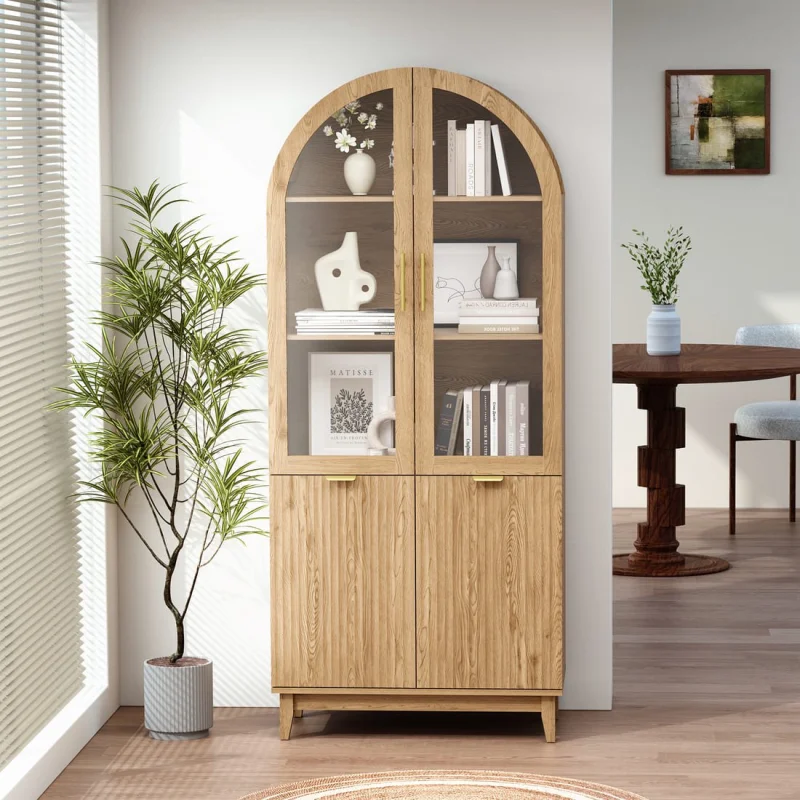 Pamapic Modern Farmhouse Arched Cabinet with Glass Doors & Adjustable Shelves