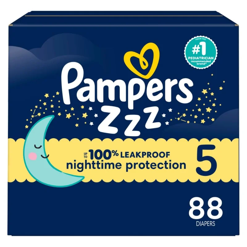 Pampers ZZZ Overnight Diapers, Size 5 (27+ lbs), 88 Count, Nighttime Protection Disposable Baby Diaper, Night Time Leak and Skin Protection
