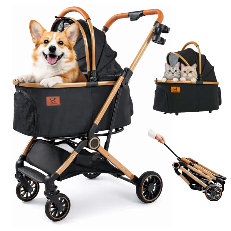 PAWPUBBY 6-in-1 Pet Stroller for Medium Dogs up to 50 lbs, Luxury Black & Gold Dog Stroller with Detachable Carrier, Foldable Travel Cat Stroller, Removable Pet Car Seat, 360 Rotating Wheels