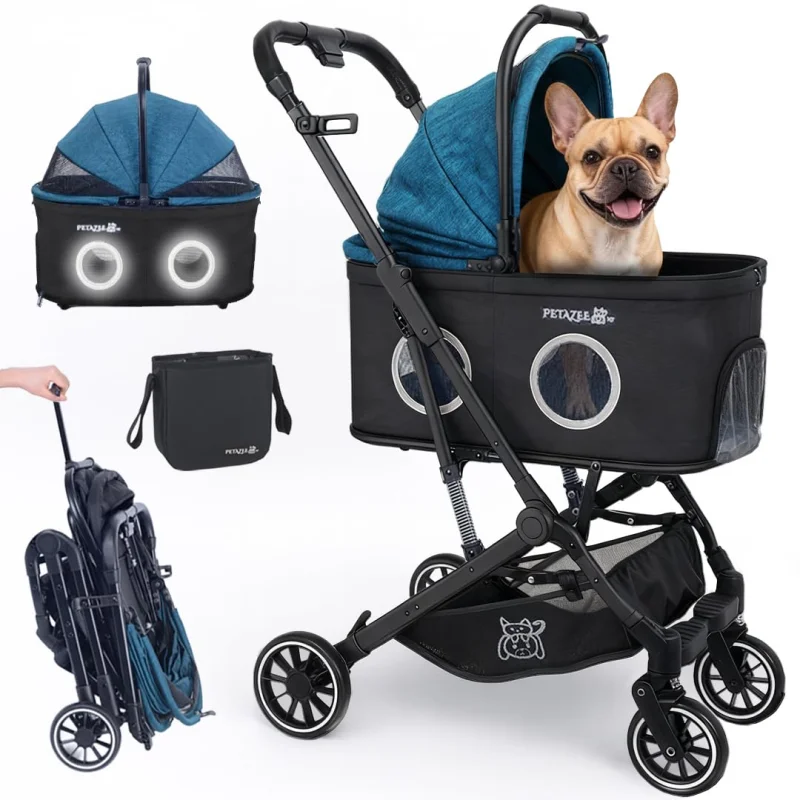 Pet Stroller for Small & Medium Dogs and Cats Up to 50 lbs, 3-in-1 Lightweight Dog Stroller with Detachable Carrier, 360 Mesh Windows, One-Click Fold, Storage Bag & Basket, Cup Holder, All-Terrain