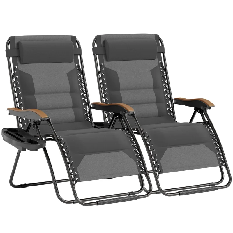 PHI VILLA XXL Oversized Padded Zero Gravity Chair Set of 2, Foldable Patio Recliner, 30" Wide Seat Anti Gravity Lounger with Armrest and Cup Holder, Support 400 LBS (Light Gray)