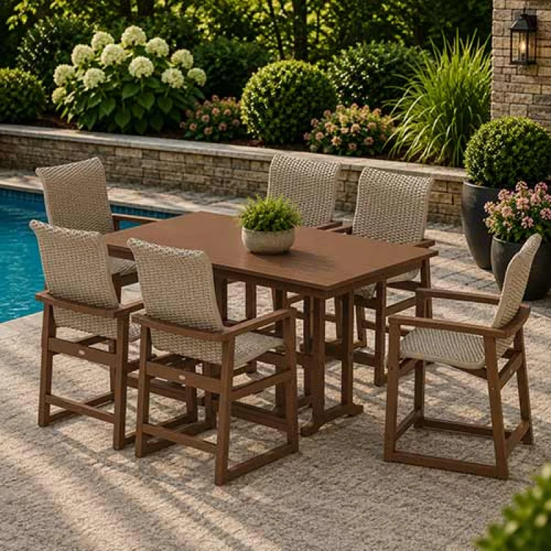 POLYWOOD EDGE Woven Highback Arm Chair 7-Piece Farmhouse Counter Set - PWS3487-1 Grey