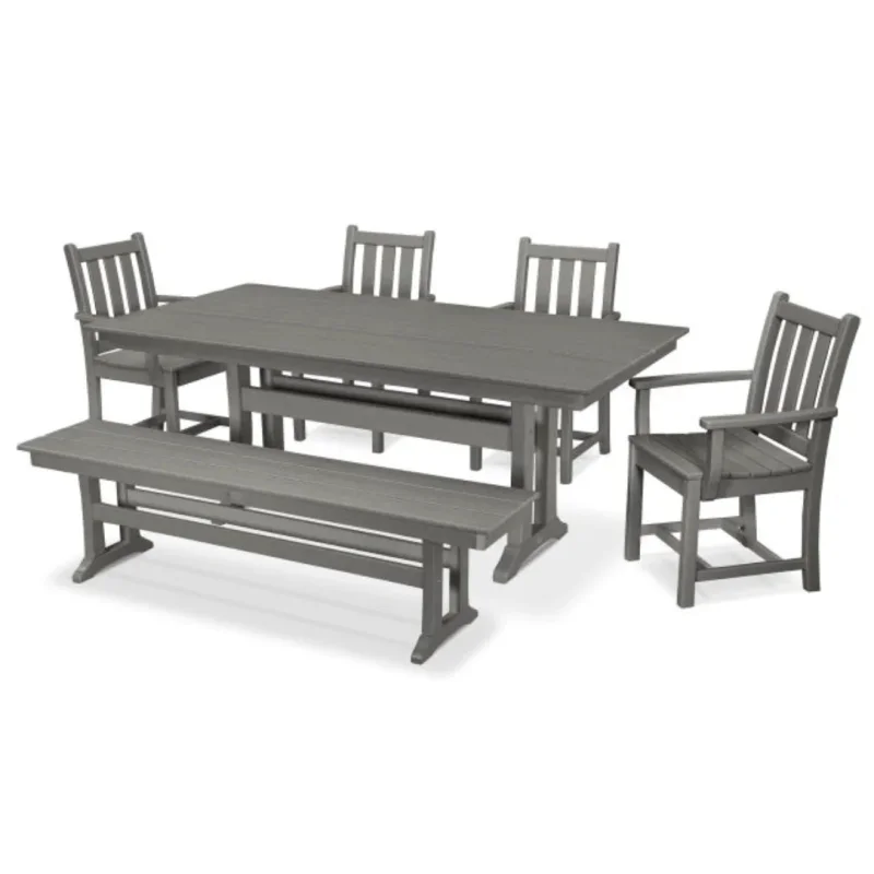 POLYWOOD Traditional Garden Arm Chair 6-Piece Farmhouse Dining Set with Trestle Leg and Bench Slate Grey