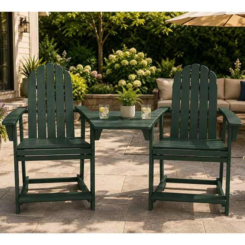 POLYWOOD Vineyard 2 Curveback Adirondack Counter Chairs & Angled Adirondack Dining Connecting Table Grey