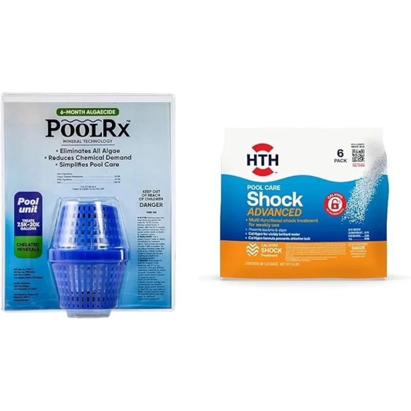 Pool RX 101001 6 Month Algaecide Blue Treats 7.5k-20k gallons + HTH 52036 Swimming Pool Care Shock Advanced, Swimming Pool Chemical, Cal Hypo Formula, (6 pack)
