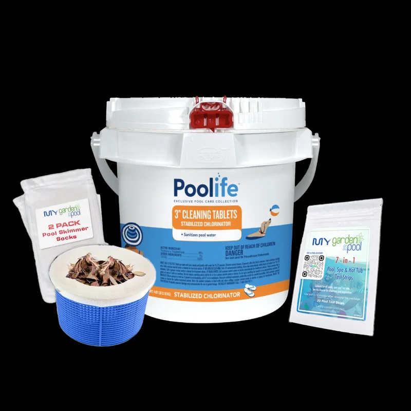 Poolife 3" Cleaning Tablets 50 lbCommercial-Strength ChlorinationUV-Stabilized Trichlor TabsIncludes 2 Scum Socks and 7-in-1 Test Strips