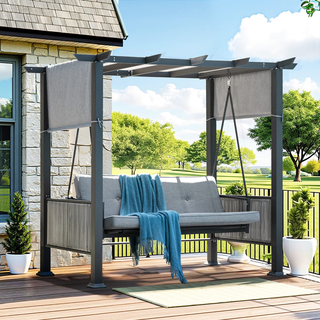 Pamapic 3-Seat Outdoor Metal Pergola Porch Swing Bed with Stand & Cushion, Gray