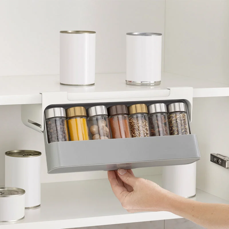 Punch-Free Spice Rack with 6 Glass Jars | Installation-Free Kitchen Organizer for Modern Simplicity