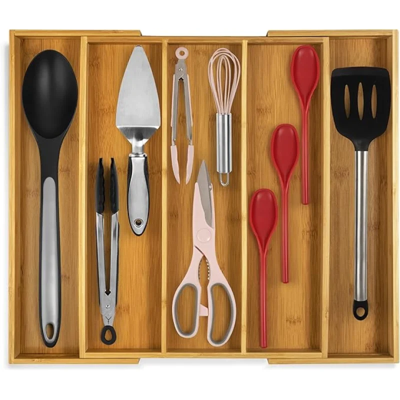 Purawood Kitchen Drawer Organizer - Expandable Utensil Drawer Organizer for Kitchen, Cutlery Tray & Silverware Organizer, 3-5 Slots - Bamboo Organizer for Utensils & Flatware (Natural)